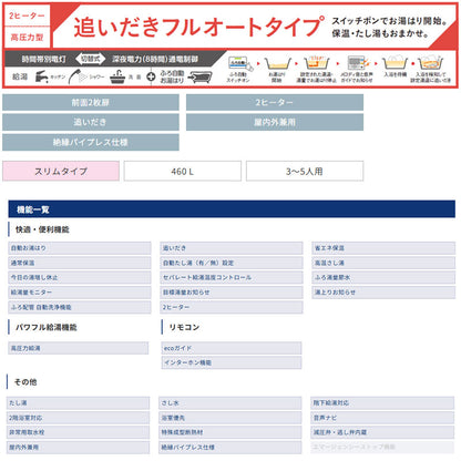 【10年保証付】【工事費込】電気温水器[インターホンリモコン付属][フルオート][460L][角型][スリム][屋内外兼用][スマイル10]