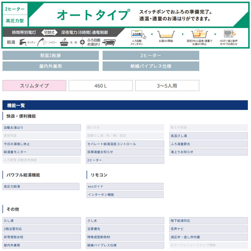 【10年保証付】【工事費込】電気温水器[インターホンリモコン付属][オート][460L][角型][スリム][屋内外兼用][スマイル10]
