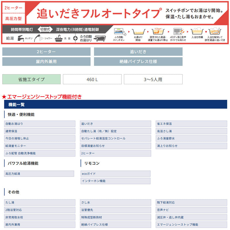 【10年保証付】【工事費込】電気温水器[インターホンリモコン付属][フルオート][460L][角型][省施工タイプ][分割脚タイプ][屋内外兼用][スマイル10]