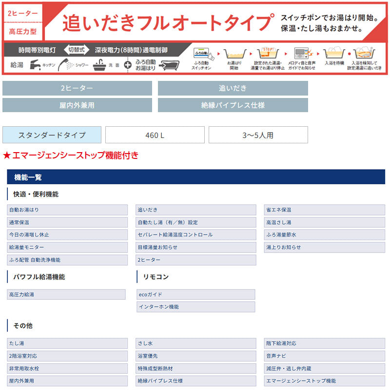 【10年保証付】【工事費込】電気温水器[インターホンリモコン付属][フルオート][460L][角型][屋内外兼用][エマージェンシーストップ機能付][スマイル10]