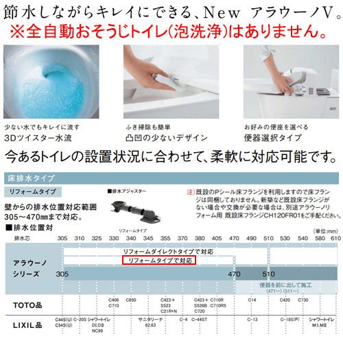 タンクレストイレ NewアラウーノV[床:排水芯305～470mm][リフォーム][手洗い無し][タンクレス便器][便座別売][寒冷地]