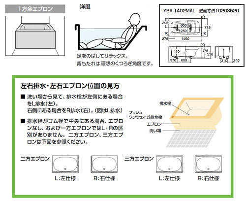 ●浴槽 洋風バス[据置浴槽][洋風タイプ][1400サイズ][1方全エプロン][給湯専用品]