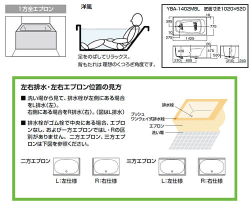 ●浴槽 洋風バス[据置浴槽][洋風タイプ][1400サイズ][2方全エプロン][給湯専用品]