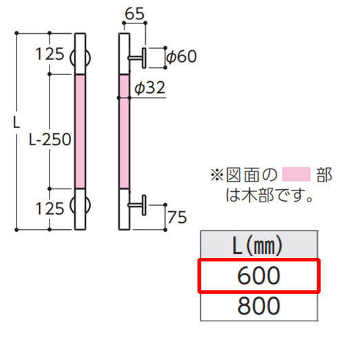 木製手すり インテリアバー[壁固定][I型][多用途用][長さ:600ｍｍ][φ32][前出:65mm][天然木タイプ][コンテンポラリタイプ]
