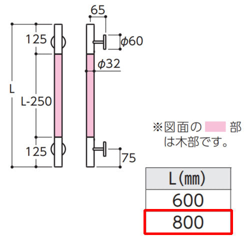 木製手すり インテリアバー[壁固定][I型][多用途用][長さ:800ｍｍ][φ32][前出:65mm][天然木タイプ][コンテンポラリタイプ]