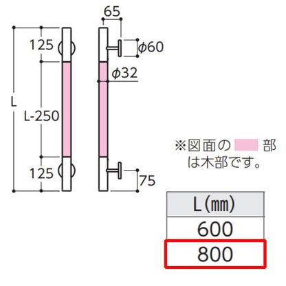 木製手すり インテリアバー[壁固定][I型][多用途用][長さ:800ｍｍ][φ32][前出:65mm][天然木タイプ][コンテンポラリタイプ]