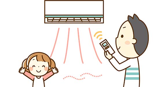 正常に動作するエアコンと喜ぶ家族